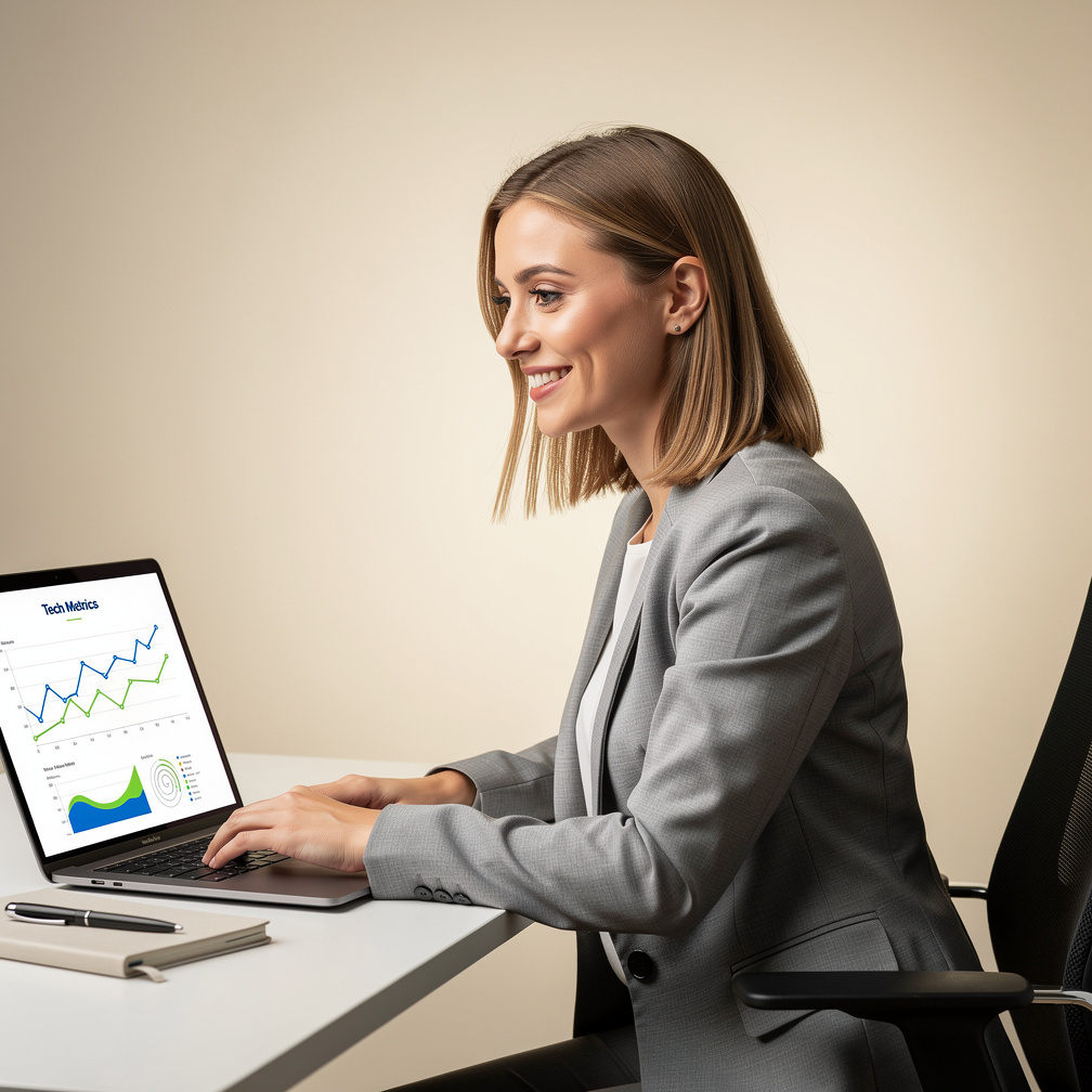 Young woman working on a laptop with tech news on screen