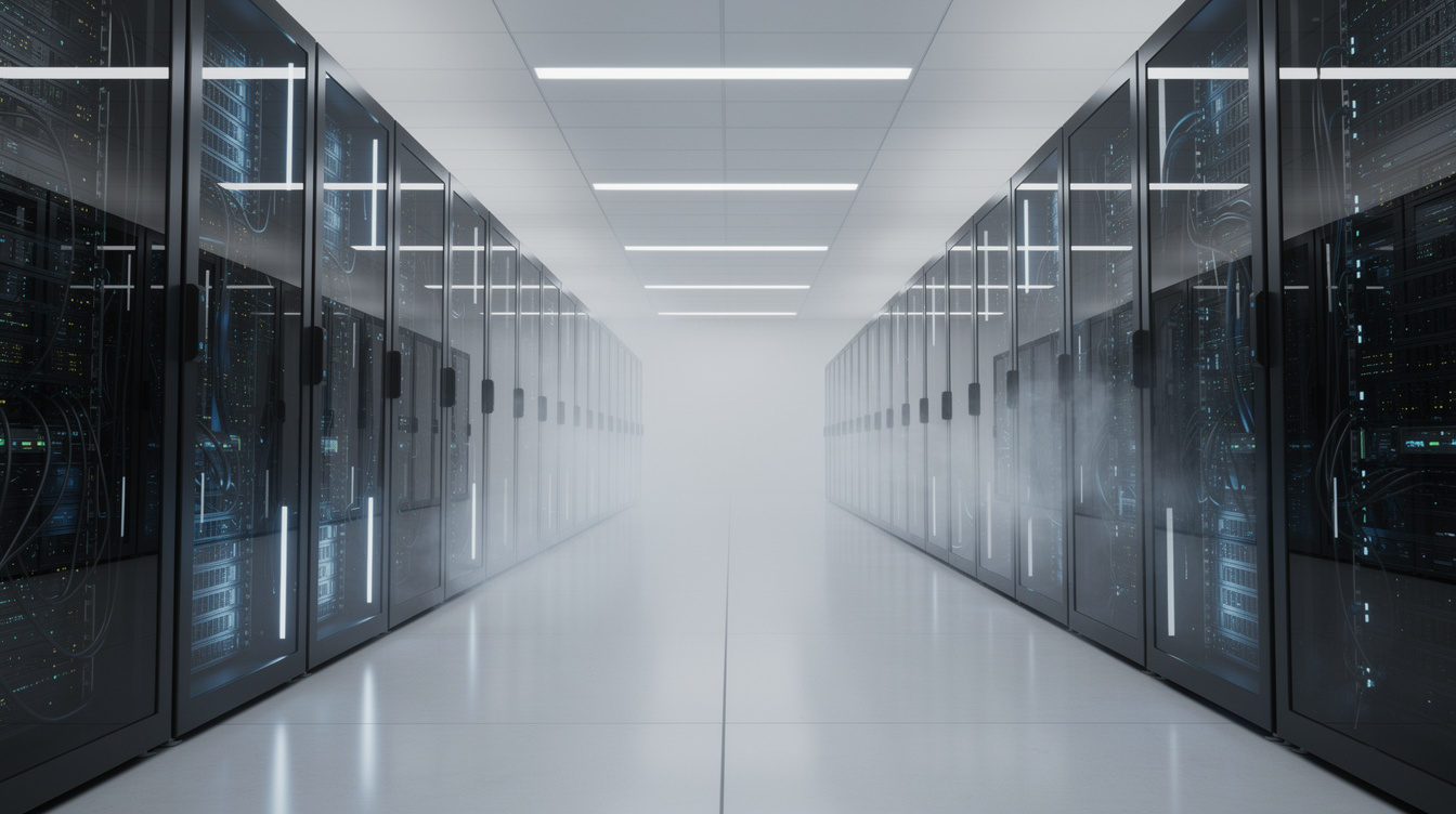 Rows of server racks in a data center