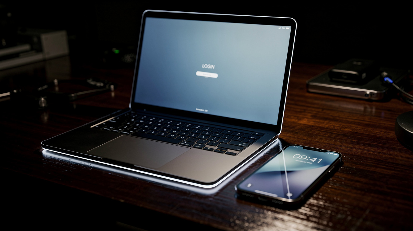 Laptop and smartphone glowing on a dark desk